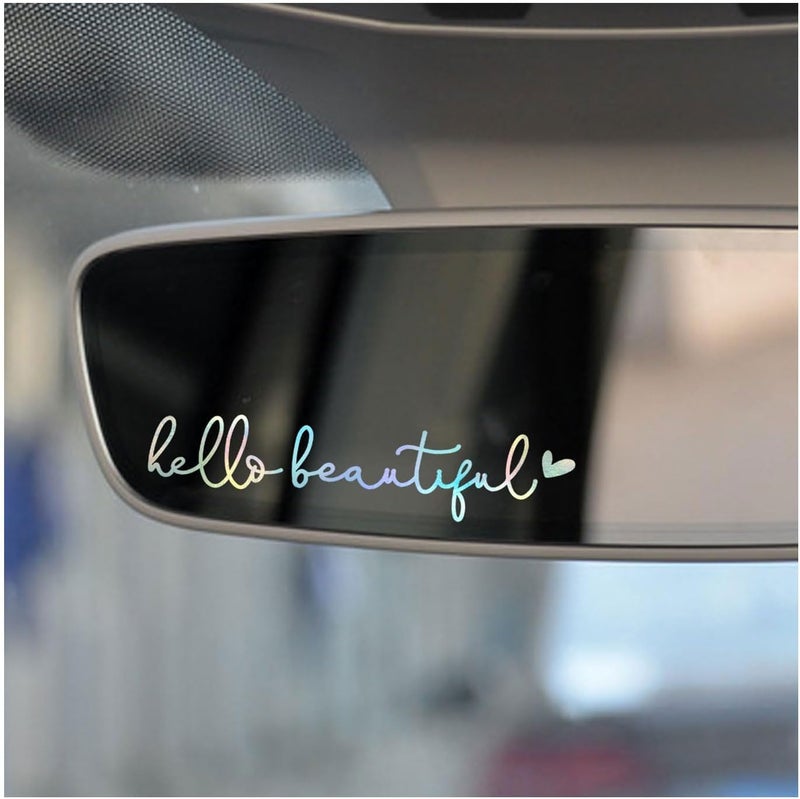 OFlyDesigns 2 x Hello Beautiful Car Mirror Decal, Affirmation Sticker, Rearview Mirror Decal, Tumbler Sticker, Water Bottle Stickers, Vinyl Tumbler Decal, New Car Decor, 4 inches (Holographic, Hello Beautiful) - Image 2